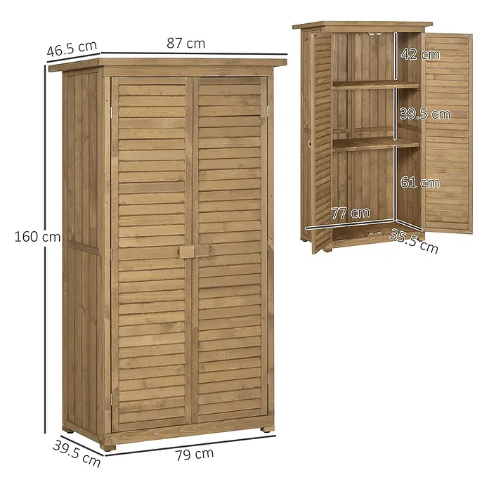 Outsunny Geräteschrank - Außenbreite inkl. Dachüberstand: 87 cm, Außentiefe inkl. Dachüberstand: 46,5 cm, Holz, Naturholz - Outdoor-Gartenschrank aus Holz mit zwei Lamellentüren und Einlegeböden, detaillierte Maßansicht.