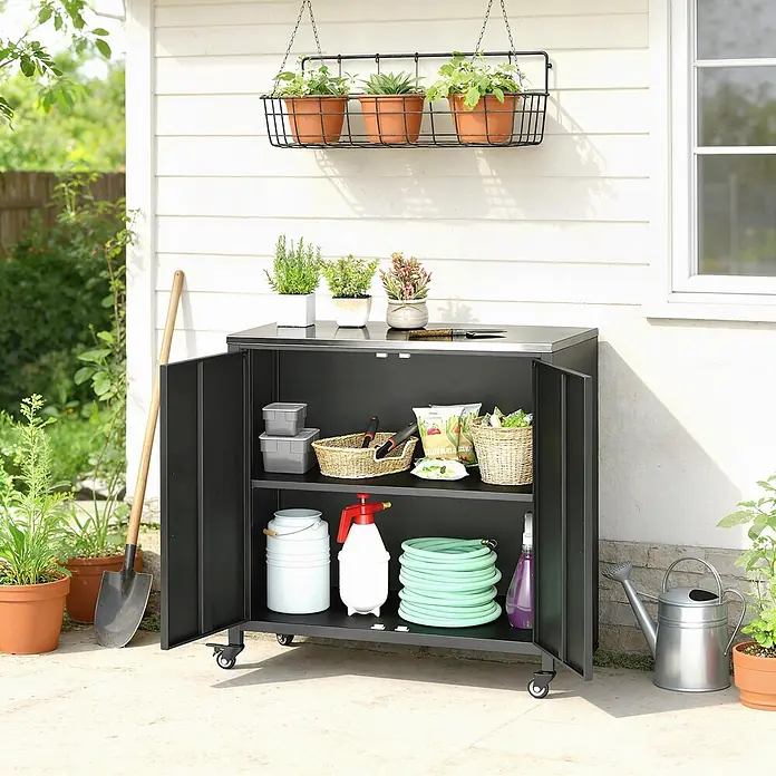 Outsunny Geräteschrank - Außenbreite inkl. Dachüberstand: 80 cm, Außentiefe inkl. Dachüberstand: 50 cm, Metall, Schwarz - Schwarzer Metall-Gartenschrank auf Rollen, offene Türen zeigen Regale mit Gartenzubehör. Pflanzen oben.