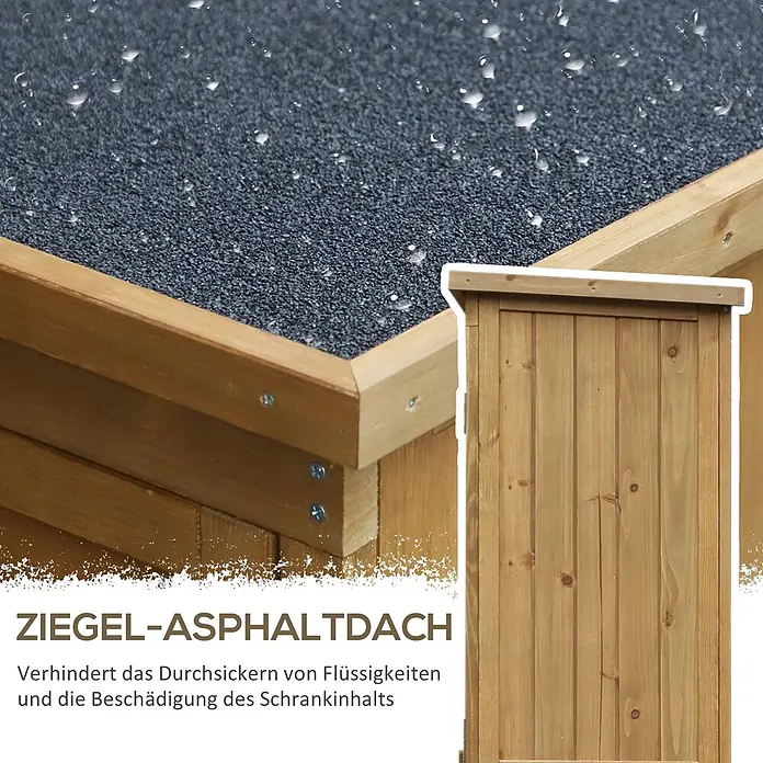 Outsunny Geräteschrank - Außenbreite inkl. Dachüberstand: 87 cm, Außentiefe inkl. Dachüberstand: 46,5 cm, Holz, Naturholz - Holzkabinett mit Asphalt-Schindeldach, das Wassertropfen für Wasserdichtigkeit zeigt.