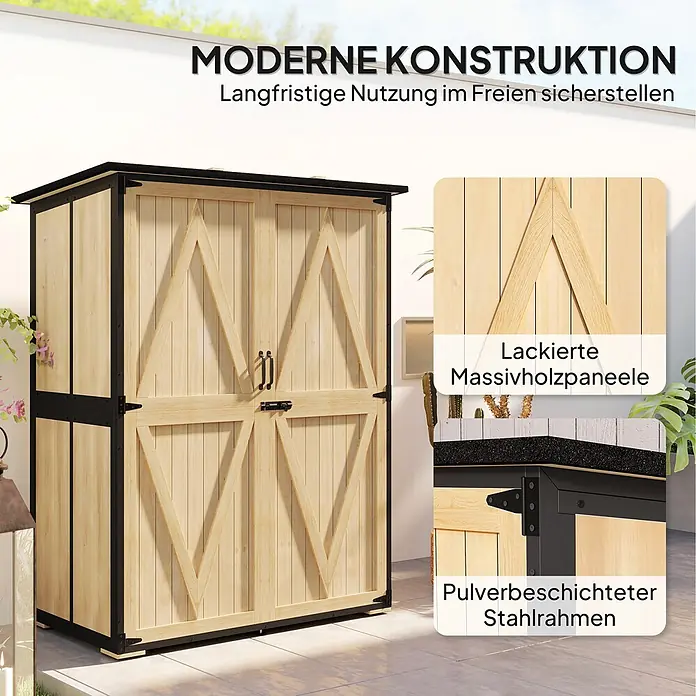 Outsunny Geräteschrank - Außenbreite inkl. Dachüberstand: 140 cm, Außentiefe inkl. Dachüberstand: 74 cm, Holz, Naturholz - Gartenschrank mit lackierten Massivholzpaneelen und schwarzem, pulverbeschichtetem Stahlrahmen für moderne Outdoor-Nutzung.