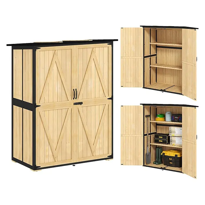 Outsunny Geräteschrank - Außenbreite inkl. Dachüberstand: 140 cm, Außentiefe inkl. Dachüberstand: 74 cm, Holz, Naturholz - Hölzerner Gartenschrank mit schwarzen Akzenten und Scheunentüren. Innenansichten zeigen verstellbare Regale für Gartenwerkzeuge.
