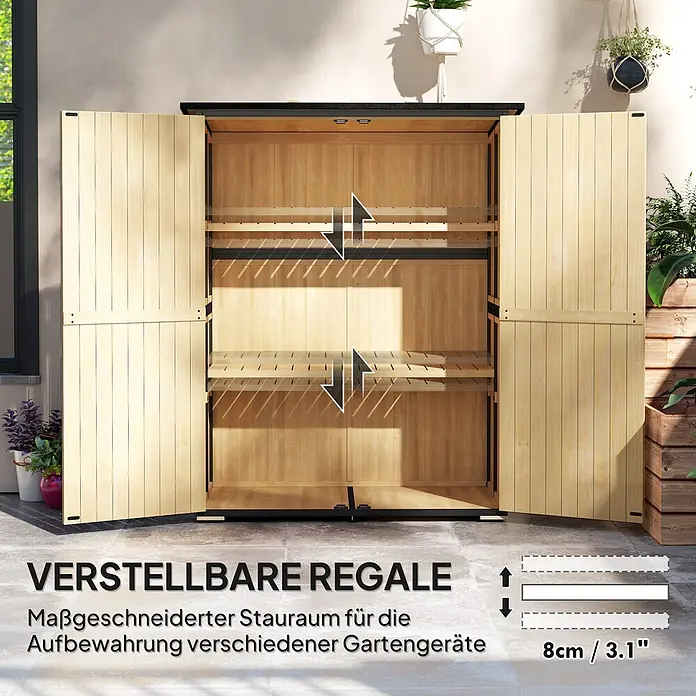 Outsunny Geräteschrank - Außenbreite inkl. Dachüberstand: 140 cm, Außentiefe inkl. Dachüberstand: 74 cm, Holz, Naturholz - Heller Holz-Gartenschrank mit schwarzem Rahmen, geöffnet, um zwei verstellbare Lattenroste für maßgeschneiderten Stauraum zu zeigen.
