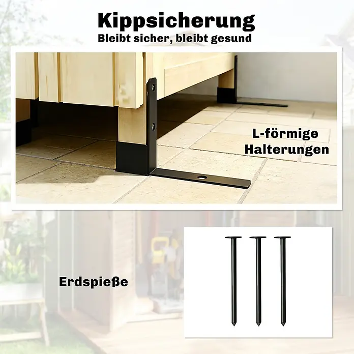 Outsunny Geräteschrank - Außenbreite inkl. Dachüberstand: 85 cm, Außentiefe inkl. Dachüberstand: 58 cm, Holz, Naturholz - Schwarze L-förmige Metallhalterungen sichern eine helle Holzkonstruktion am Boden, zusätzlich schwarze Erdspieße. Kippsicherung.