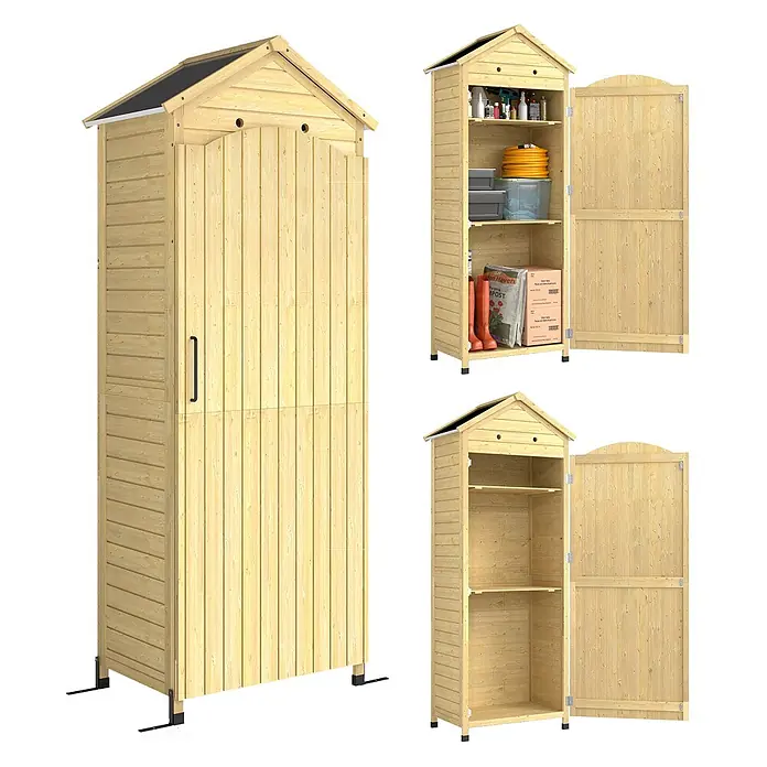 Outsunny Geräteschrank - Außenbreite inkl. Dachüberstand: 85 cm, Außentiefe inkl. Dachüberstand: 58 cm, Holz, Naturholz - Heller Holzschrank mit Spitzdach, geschlossen, offen mit Inhalt und leer mit Regalen dargestellt.