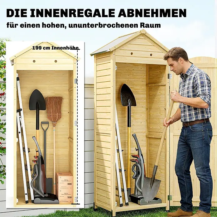 Outsunny Geräteschrank - Außenbreite inkl. Dachüberstand: 85 cm, Außentiefe inkl. Dachüberstand: 58 cm, Holz, Naturholz - Hölzernes Gartengerätehaus mit hoher, ununterbrochener Innenhöhe (199 cm) für große Werkzeuge. Ein Mann verstaut eine Schaufel.