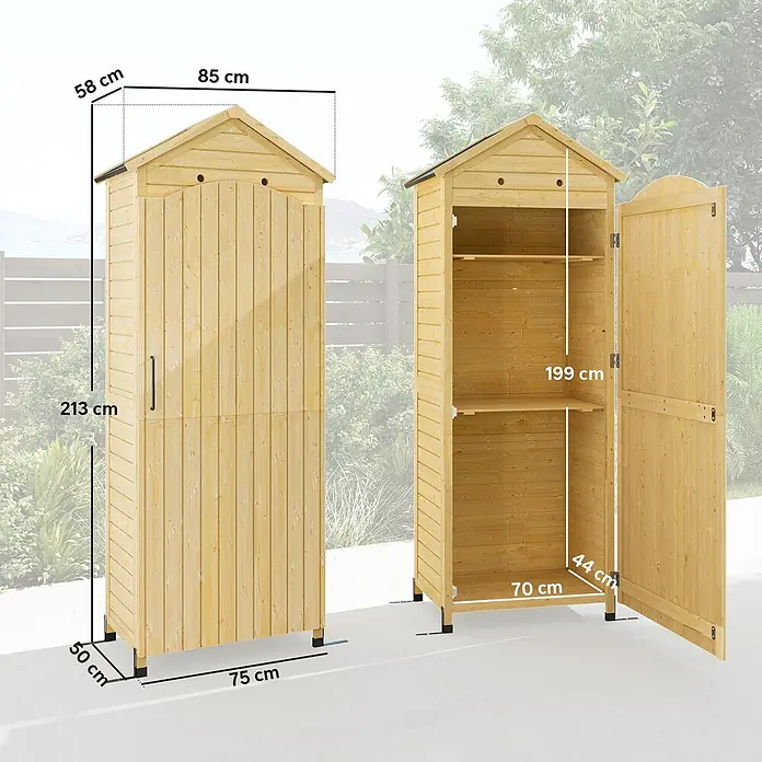 Outsunny Geräteschrank - Außenbreite inkl. Dachüberstand: 85 cm, Außentiefe inkl. Dachüberstand: 58 cm, Holz, Naturholz - Hellbrauner Holz-Gartenschrank mit Giebeldach, geschlossen (213x75x50 cm) und offen mit Regalen (innen: 199x70x44 cm) gezeigt.