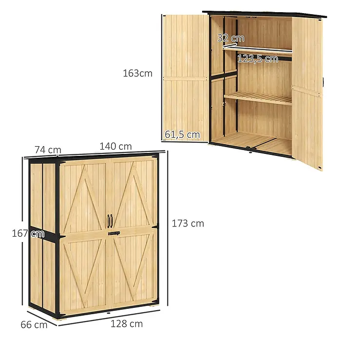 Outsunny Geräteschrank - Außenbreite inkl. Dachüberstand: 140 cm, Außentiefe inkl. Dachüberstand: 74 cm, Holz, Naturholz - Hölzerner Gartenschrank mit schwarzen Akzenten und Innenregalen, geschlossen und offen mit Maßen dargestellt.