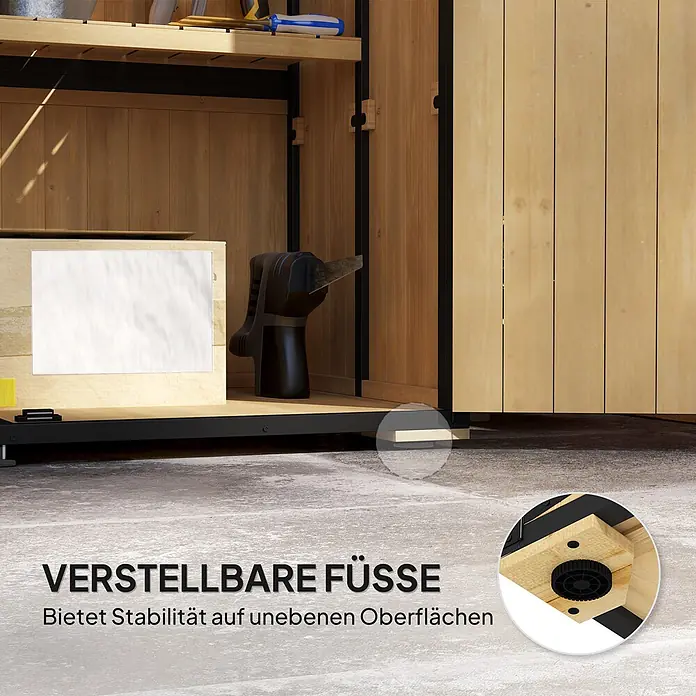 Outsunny Geräteschrank - Außenbreite inkl. Dachüberstand: 140 cm, Außentiefe inkl. Dachüberstand: 74 cm, Holz, Naturholz - Holzschuppen mit verstellbaren Füßen für Stabilität auf unebenem Untergrund.
