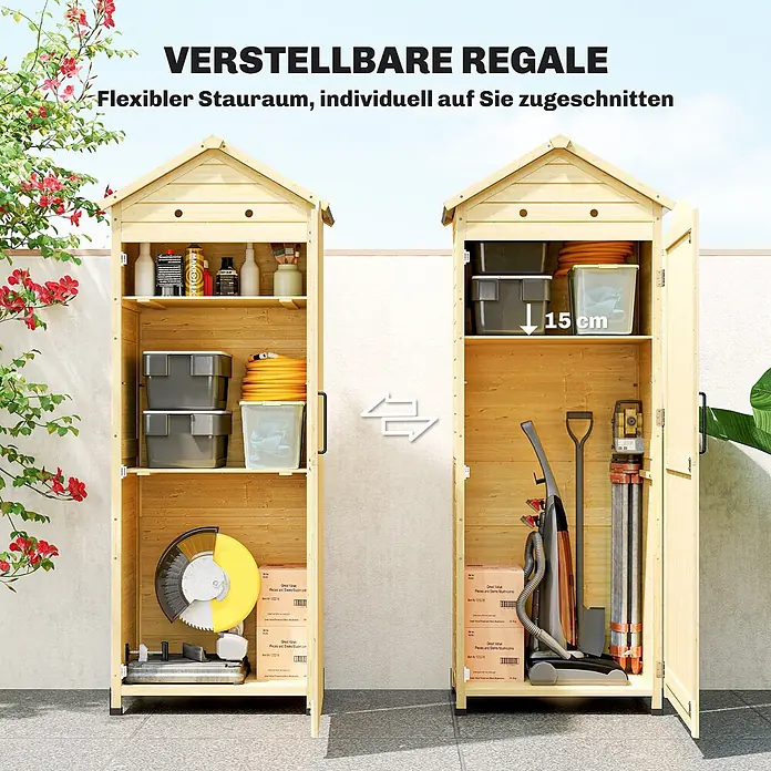 Outsunny Geräteschrank - Außenbreite inkl. Dachüberstand: 85 cm, Außentiefe inkl. Dachüberstand: 58 cm, Holz, Naturholz - Zwei Holzschränke mit verstellbaren Regalen, zeigen flexiblen Stauraum für Gartengeräte und verschiedene Gegenstände.