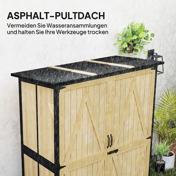 Outsunny Geräteschrank - Außenbreite inkl. Dachüberstand: 140 cm, Außentiefe inkl. Dachüberstand: 74 cm, Holz, Naturholz - Hölzernes Geräteschuppen mit schwarzem Asphalt-Pultdach, bei Regen zur Betonung der wasserabweisenden Funktion.