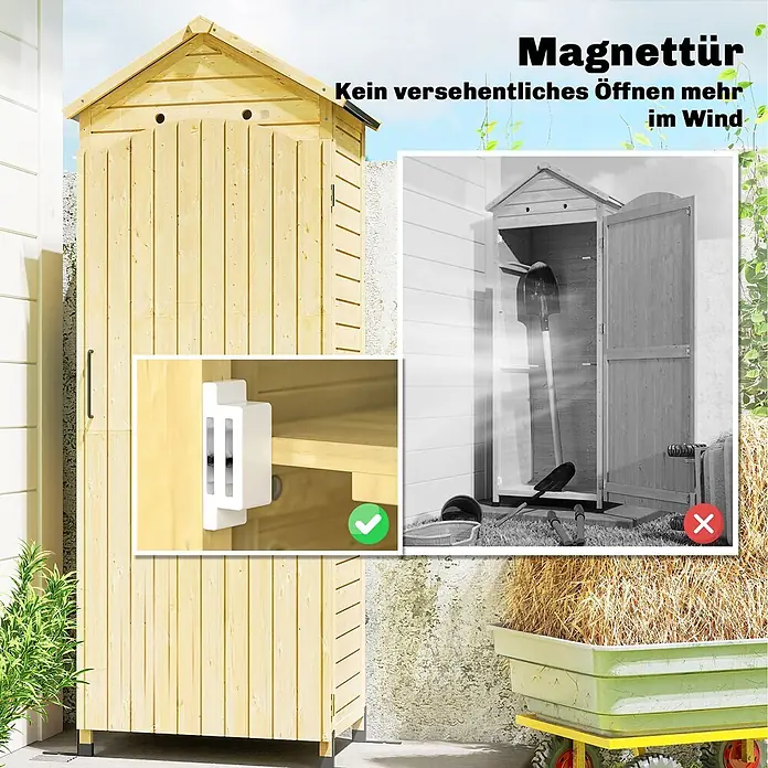 Outsunny Geräteschrank - Außenbreite inkl. Dachüberstand: 85 cm, Außentiefe inkl. Dachüberstand: 58 cm, Holz, Naturholz - Gartenhaus aus hellem Holz mit Magnettürverschluss gegen unbeabsichtigtes Öffnen.