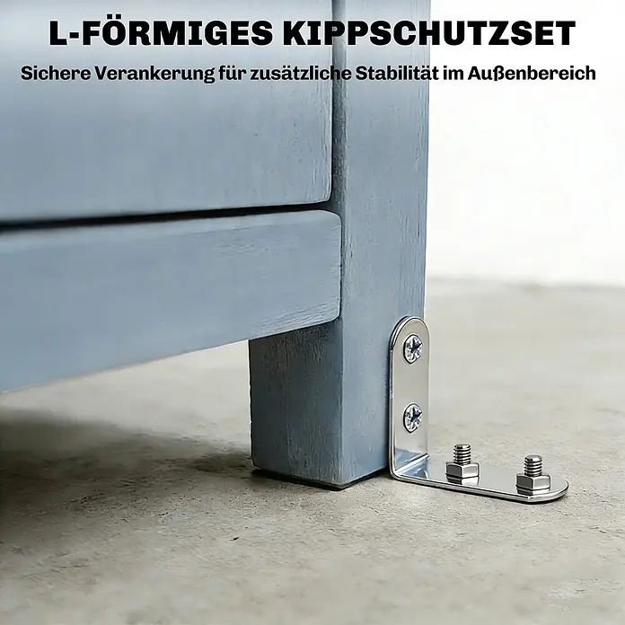 Outsunny Gartenschrank Grau 85L x 54B x 170H cm -  - L-förmiges Kippschutzset aus glänzendem Metall, an einem hellblauen Möbelbein befestigt, mit Ankerschrauben am Boden für zusätzliche Stabilität.