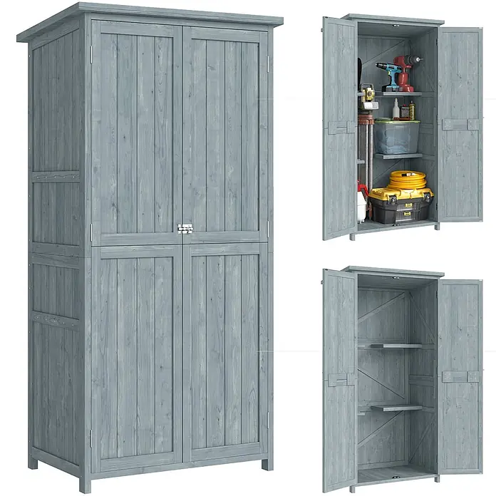 Outsunny Gartenschrank Grau 85L x 54B x 170H cm -  - Hoher grauer Holz-Gartenschrank mit vier Türen, eine offen mit Regalen und Werkzeugen.