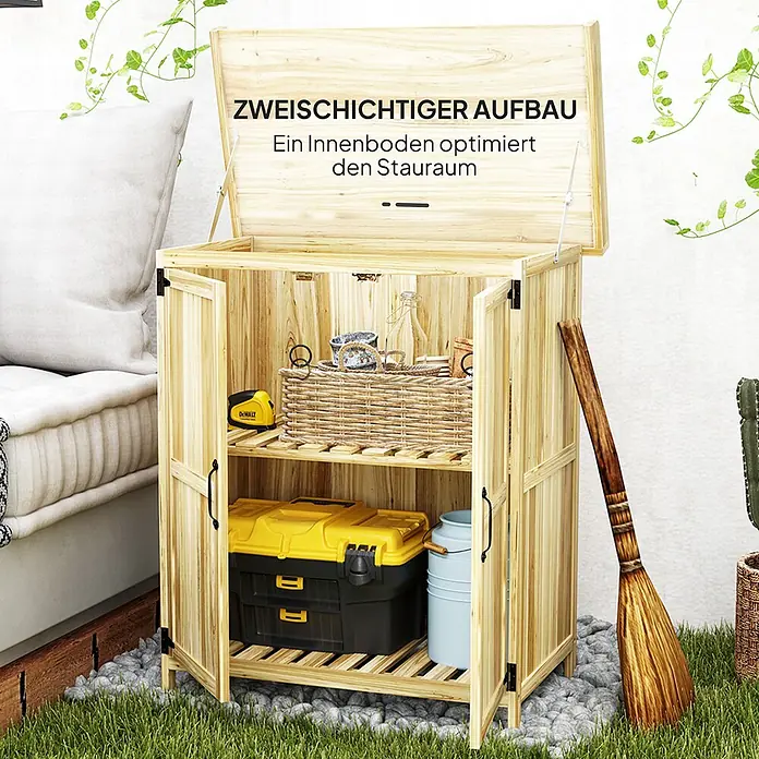 Outsunny Geräteschrank - Außenbreite inkl. Dachüberstand: 74 cm, Außentiefe inkl. Dachüberstand: 43 cm, Holz, Naturholz - Gartenaufbewahrungsschrank aus Naturholz mit aufklappbarem Deckel und Türen. Ein Innenboden optimiert den zweistufigen Stauraum.