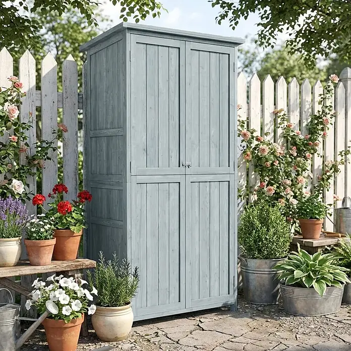 Outsunny Gartenschrank Grau 85L x 54B x 170H cm -  - Hoher hellblauer Holzgartenschrank mit Doppeltüren, in einem Garten mit Topfpflanzen und weißem Zaun.