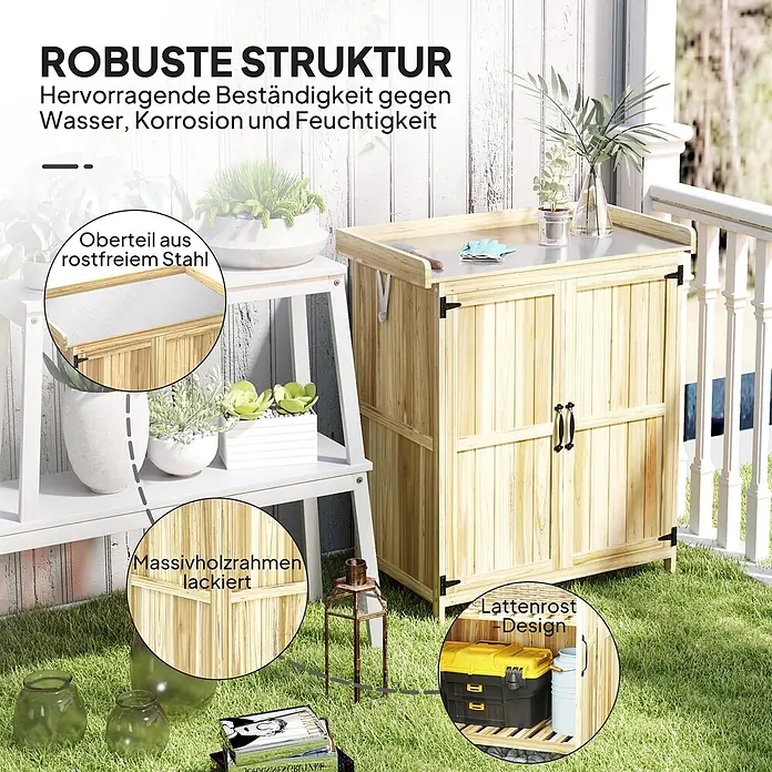 Outsunny Geräteschrank - Außenbreite inkl. Dachüberstand: 74 cm, Außentiefe inkl. Dachüberstand: 43 cm, Holz, Naturholz - Hellbrauner Holz-Gartenschrank mit Edelstahloberfläche und Lattenrosten, auf einer Terrasse.