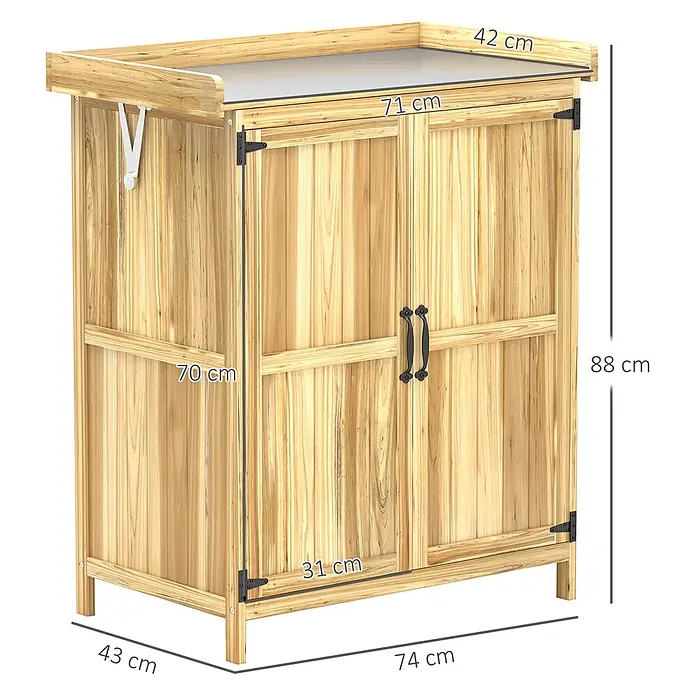 Outsunny Geräteschrank - Außenbreite inkl. Dachüberstand: 74 cm, Außentiefe inkl. Dachüberstand: 43 cm, Holz, Naturholz - Heller Holz-Außenlagerschrank mit zwei Türen und schwarzen Griffen. Maße: 74 x 43 x 88 cm (BxTxH).