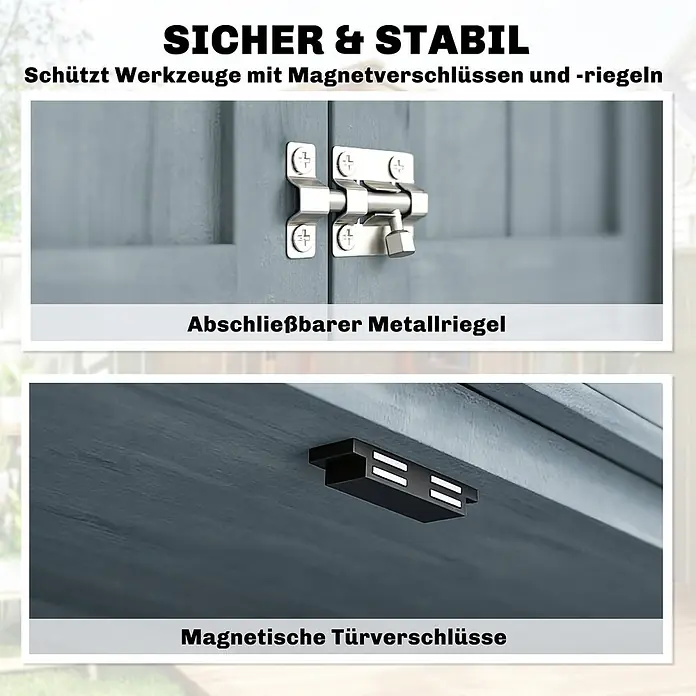Outsunny Gartenschrank Grau 85L x 54B x 170H cm -  - Abschließbarer Metallriegel und magnetische Türverschlüsse an grauen Schranktüren.