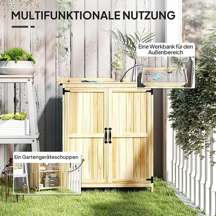Outsunny Geräteschrank - Außenbreite inkl. Dachüberstand: 74 cm, Außentiefe inkl. Dachüberstand: 43 cm, Holz, Naturholz - Gartenschrank aus Naturholz mit zwei Türen, dient als Geräteschuppen und hat eine ausklappbare Werkbank.