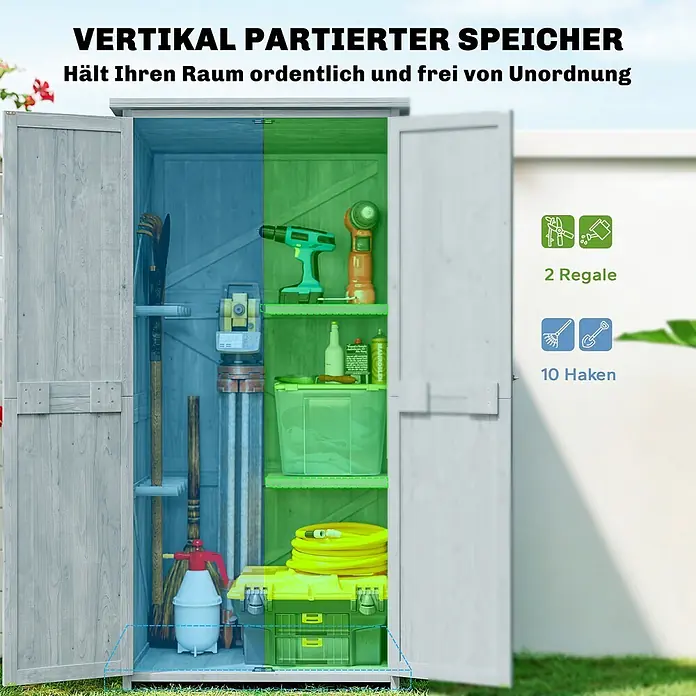 Outsunny Gartenschrank Grau 85L x 54B x 170H cm -  - Heller Holzoptik-Gartenschrank mit zwei geöffneten Türen, der organisierte Gartenwerkzeuge, zwei Regale und Haken zeigt.