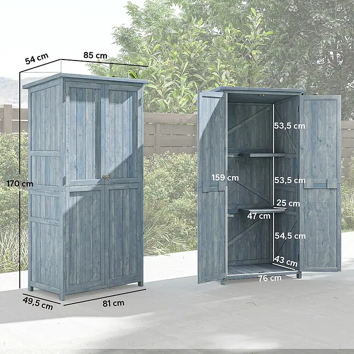 Outsunny Gartenschrank Grau 85L x 54B x 170H cm -  - Blauer Holz-Gartenschrank mit Maßen, geschlossen und offen mit Regalen dargestellt.