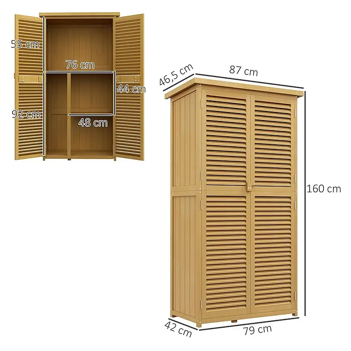Outsunny Geräteschrank - Außenbreite inkl. Dachüberstand: 87 cm, Außentiefe inkl. Dachüberstand: 46,5 cm, Holz, Gelb - Hellbrauner Holz-Gartenschrank mit Lamellentüren und Innenregalen, offen und geschlossen gezeigt. Abmessungen 160x79x46,5 cm.