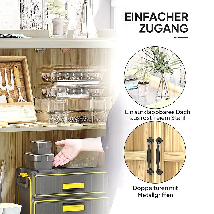 Outsunny Geräteschrank - Außenbreite inkl. Dachüberstand: 74 cm, Außentiefe inkl. Dachüberstand: 43 cm, Holz, Naturholz - Holzschrank mit aufklappbarem Edelstahldach und Doppeltüren mit schwarzen Metallgriffen. Innen sind Gartengeräte und transparente Boxen.