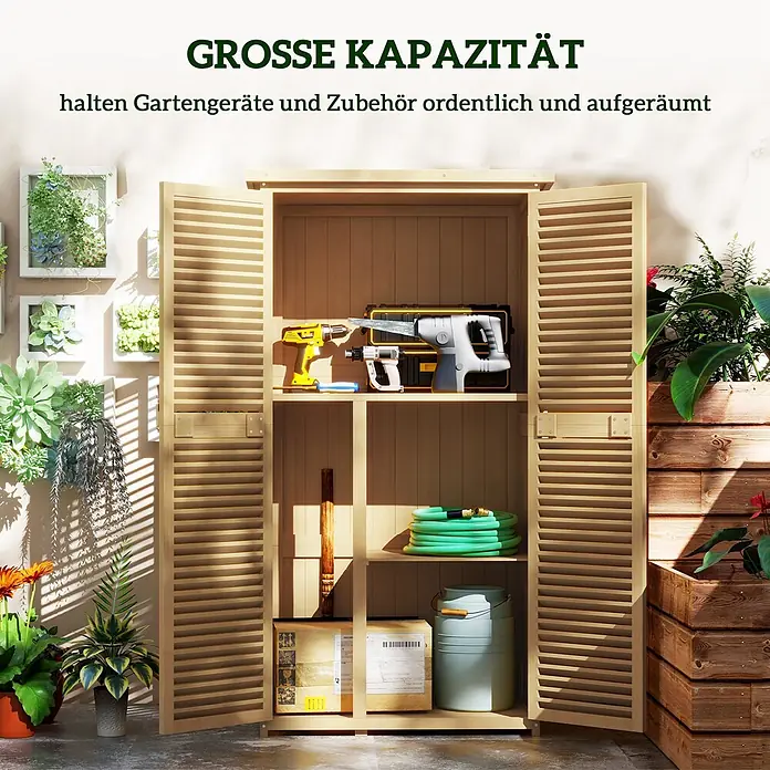 Outsunny Geräteschrank - Außenbreite inkl. Dachüberstand: 87 cm, Außentiefe inkl. Dachüberstand: 46,5 cm, Holz, Gelb - Heller Gartenschrank aus Holz mit Lamellentüren, offen und ordentlich Gartenwerkzeuge und einen Schlauch aufbewahrend.