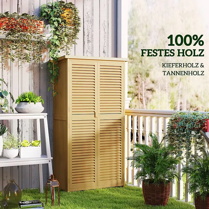 Outsunny Geräteschrank - Außenbreite inkl. Dachüberstand: 87 cm, Außentiefe inkl. Dachüberstand: 46,5 cm, Holz, Gelb - Hellbrauner Holz-Gartenschrank mit Lamellentüren aus Kiefern- und Tannenholz, auf einem Balkon.