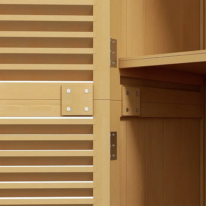 Outsunny Geräteschrank - Außenbreite inkl. Dachüberstand: 87 cm, Außentiefe inkl. Dachüberstand: 46,5 cm, Holz, Gelb - Helles Saunainterieur aus Holz mit Lamellenwänden und Metallscharnieren.