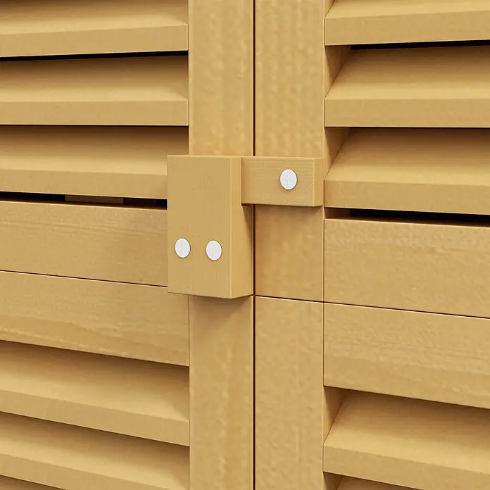Outsunny Geräteschrank - Außenbreite inkl. Dachüberstand: 87 cm, Außentiefe inkl. Dachüberstand: 46,5 cm, Holz, Gelb - Hellbraune Lamellenläden aus Holz mit einem einfachen Holzriegel, der mit weißen Schraubkappen befestigt ist.