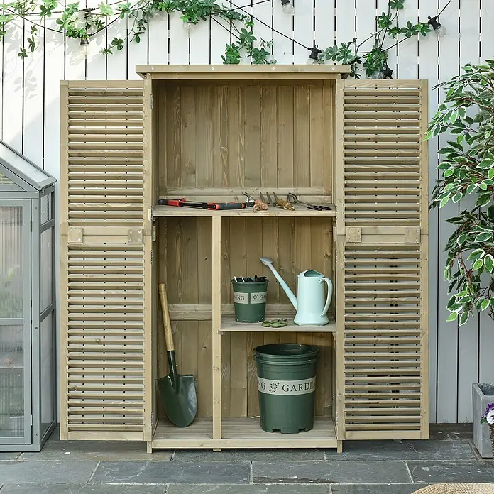 Outsunny Geräteschrank - Außenbreite inkl. Dachüberstand: 87 cm, Außentiefe inkl. Dachüberstand: 46,5 cm, Holz, Grau - Outdoor-Gartenschrank aus Holz mit Lamellentüren und Regalen für Gartengeräte.