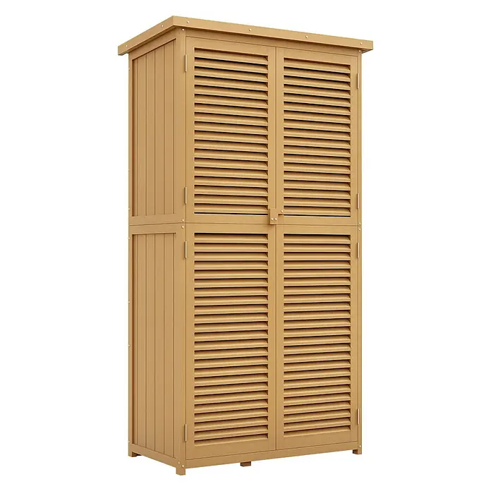 Outsunny Geräteschrank - Außenbreite inkl. Dachüberstand: 87 cm, Außentiefe inkl. Dachüberstand: 46,5 cm, Holz, Gelb - Hellbrauner Outdoor-Lagerschrank aus Holz mit zwei Sets Lamellentüren zur belüfteten Aufbewahrung.