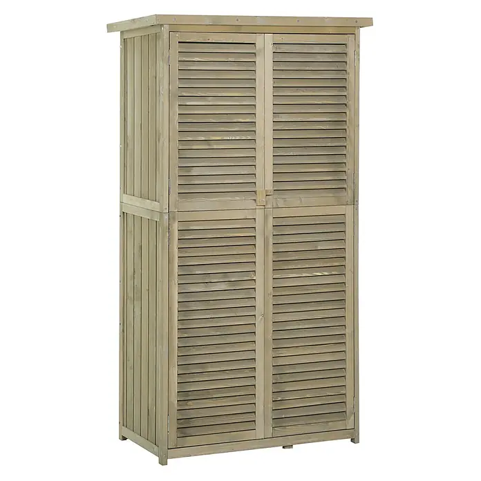 Outsunny Geräteschrank - Außenbreite inkl. Dachüberstand: 87 cm, Außentiefe inkl. Dachüberstand: 46,5 cm, Holz, Grau - Heller Holz-Aufbewahrungsschrank mit Lamellentüren.