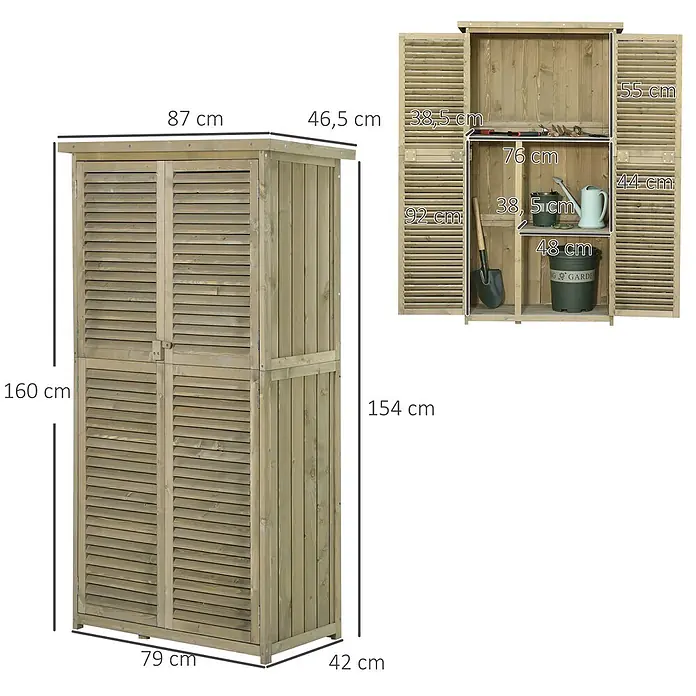 Outsunny Geräteschrank - Außenbreite inkl. Dachüberstand: 87 cm, Außentiefe inkl. Dachüberstand: 46,5 cm, Holz, Grau - Gartenhaus aus Holz mit Lamellentüren, mit mehreren Regalen und Fächern zur Aufbewahrung.