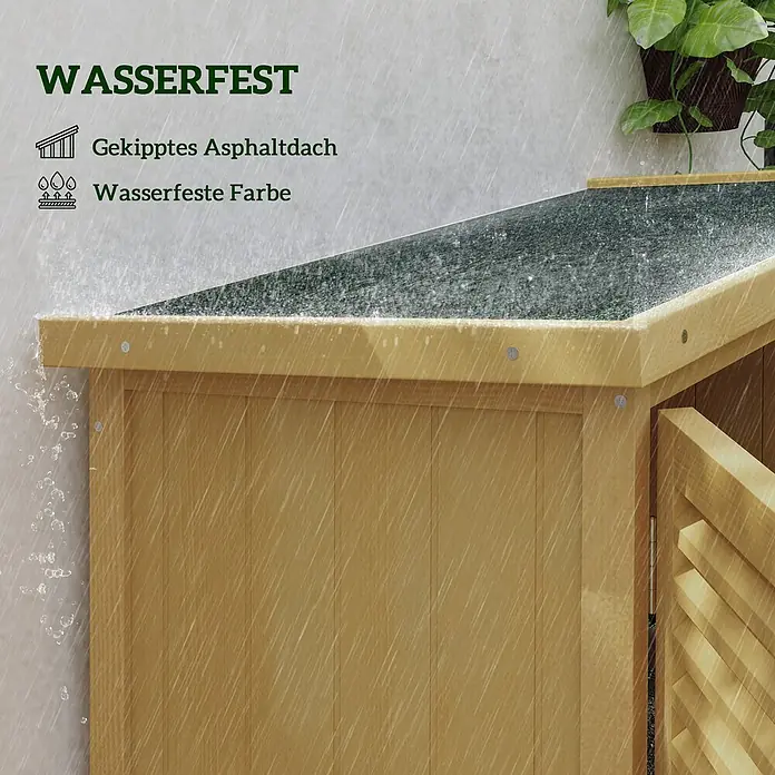 Outsunny Geräteschrank - Außenbreite inkl. Dachüberstand: 87 cm, Außentiefe inkl. Dachüberstand: 46,5 cm, Holz, Gelb - Hölzerner Außenschrank mit geneigtem Asphaltdach und wasserfester Farbe, im Regen, um seine Wasserbeständigkeit zu zeigen.