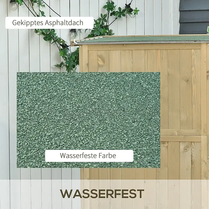 Outsunny Geräteschrank - Außenbreite inkl. Dachüberstand: 87 cm, Außentiefe inkl. Dachüberstand: 46,5 cm, Holz, Grau - Schräges, wasserdichtes grünes Asphaltdach auf einer Holzkonstruktion, das seine körnige Textur zeigt.