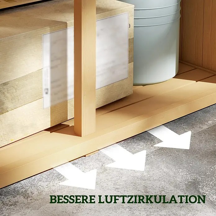 Outsunny Geräteschrank - Außenbreite inkl. Dachüberstand: 87 cm, Außentiefe inkl. Dachüberstand: 46,5 cm, Holz, Gelb - Hölzerne Lattenrost hebt Kisten und Eimer vom Betonboden für verbesserte Luftzirkulation, angezeigt durch Pfeile.