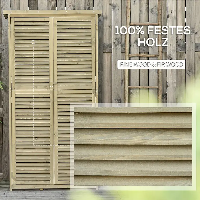 Outsunny Geräteschrank - Außenbreite inkl. Dachüberstand: 87 cm, Außentiefe inkl. Dachüberstand: 46,5 cm, Holz, Grau - Hölzerner Gartenschrank mit Lamellentüren aus Kiefern- und Tannenholz, auf einer Holzterrasse.