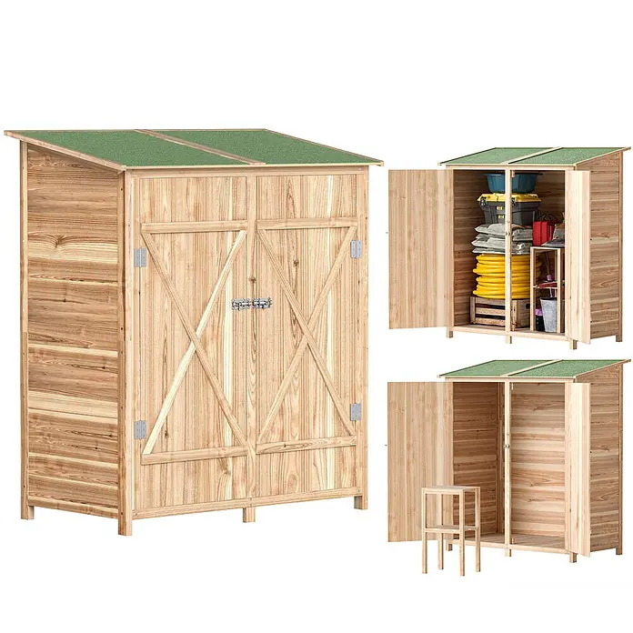 Outsunny Gartenschrank Naturholz 140L x 75B x 157H cm -  - Holzlagerhaus mit grünem Dach, Doppeltüren, eine zeigt organisierte Regale, die andere einen leeren Innenraum.