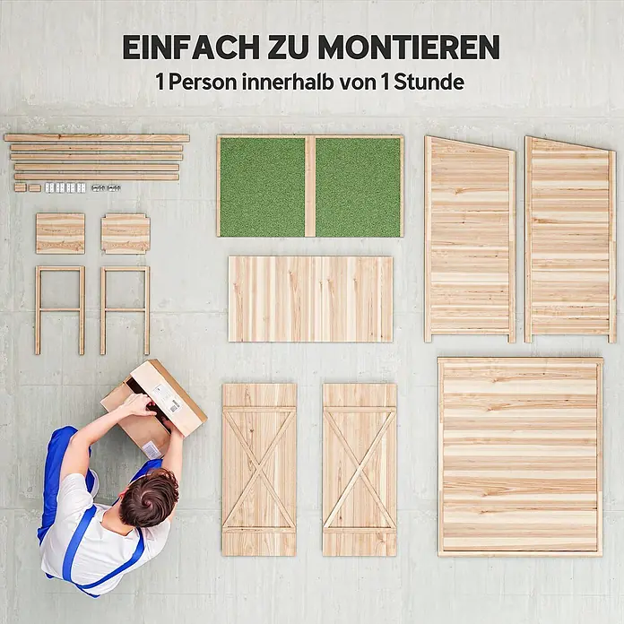 Outsunny Gartenschrank Naturholz 140L x 75B x 157H cm -  - Einzelteile eines hölzernen Gartenhauses oder Hochbeets, ausgelegt mit hellem Holz und grünen Kunstrasenplatten. Eine Person packt Teile aus, zur einfachen Montage.