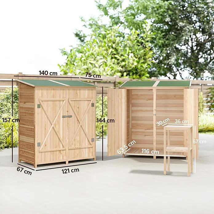 Outsunny Gartenschrank Naturholz 140L x 75B x 157H cm -  - Gartenhaus aus Holz mit grünem Dach, im Außenbereich mit allen Maßen dargestellt.