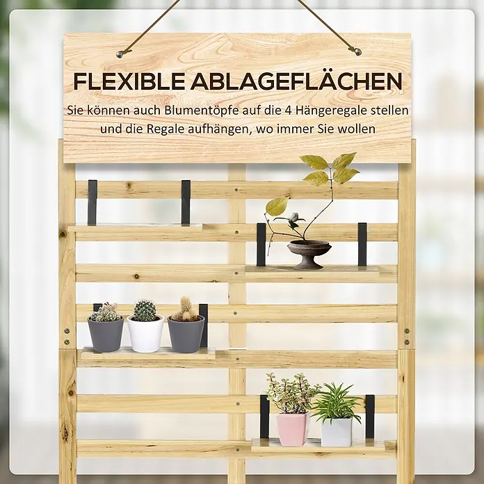 Outsunny Geräteschrank - Außenbreite inkl. Dachüberstand: 80 cm, Außentiefe inkl. Dachüberstand: 45 cm, Holz, Naturholz - Holzlattenregal mit flexiblen Ablagen, das Topfpflanzen präsentiert und vielseitige Aufbewahrung zeigt.