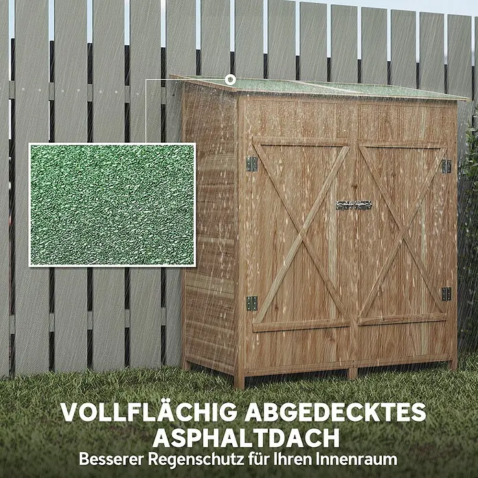 Outsunny Gartenschrank Naturholz 140L x 75B x 157H cm -  - Gartenhaus aus Holz im Regen mit grünem Asphaltdach für besseren Wetterschutz. Eine Nahaufnahme zeigt die Dachstruktur.