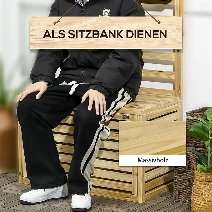 Outsunny Geräteschrank - Außenbreite inkl. Dachüberstand: 80 cm, Außentiefe inkl. Dachüberstand: 45 cm, Holz, Naturholz - Person sitzt auf einer hellen Holz-Sitzbank mit Stauraum, die als Sitzbank dient und aus Massivholz gefertigt ist.