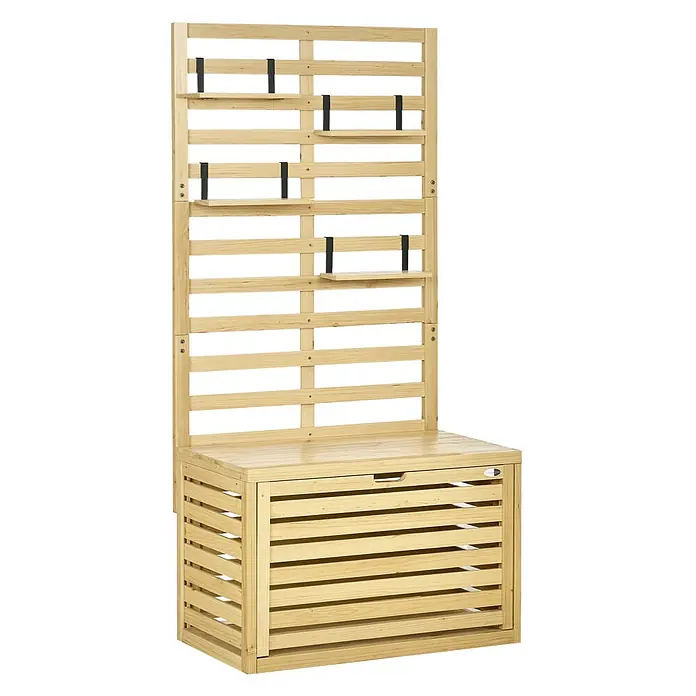 Outsunny Geräteschrank - Außenbreite inkl. Dachüberstand: 80 cm, Außentiefe inkl. Dachüberstand: 45 cm, Holz, Naturholz - Helle Holzbank mit Lattenrücken und kleinen Regalen, Stauraum.