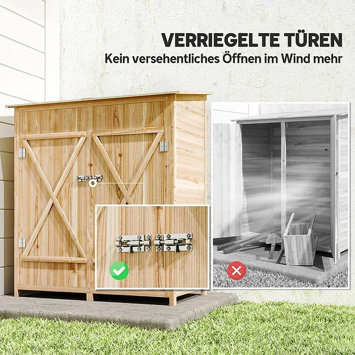 Outsunny Gartenschrank Naturholz 140L x 75B x 157H cm -  - Holzschuppen mit sicheren Metallriegeln, die ein unbeabsichtigtes Öffnen der Türen bei Wind verhindern.