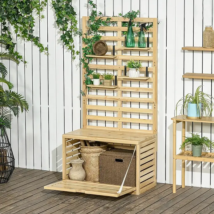 Outsunny Geräteschrank - Außenbreite inkl. Dachüberstand: 80 cm, Außentiefe inkl. Dachüberstand: 45 cm, Holz, Naturholz - Helle Gartenbank aus Holz mit Rankgitter und integriertem Aufbewahrungsschrank, auf einer Terrasse platziert.