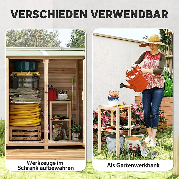 Outsunny Gartenschrank Naturholz 140L x 75B x 157H cm -  - Vielseitiger Gartenschrank aus Holz, gezeigt als Werkzeuglager und Gartenwerkbank.
