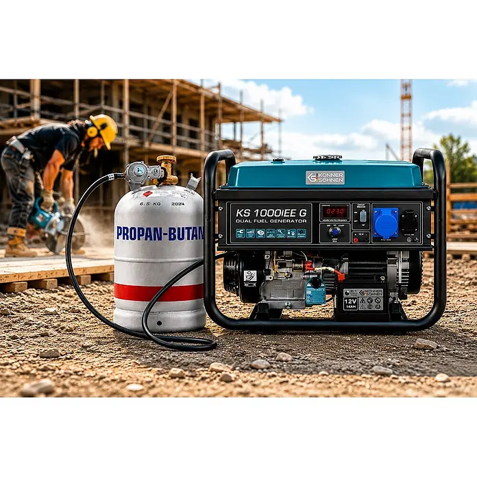 Stürmer Maschinen Stromerzeuger KS10000E G 7,5 kW Benzin/Gas - Nennleistung: 7,5 kW, Tankvolumen: 25 l, Verbrauch: 3,8 l/h - Blauer/schwarzer Könner & Söhnen Dual-Fuel-Generator KS 1000IEE G mit Propangasflasche auf einer Baustelle.